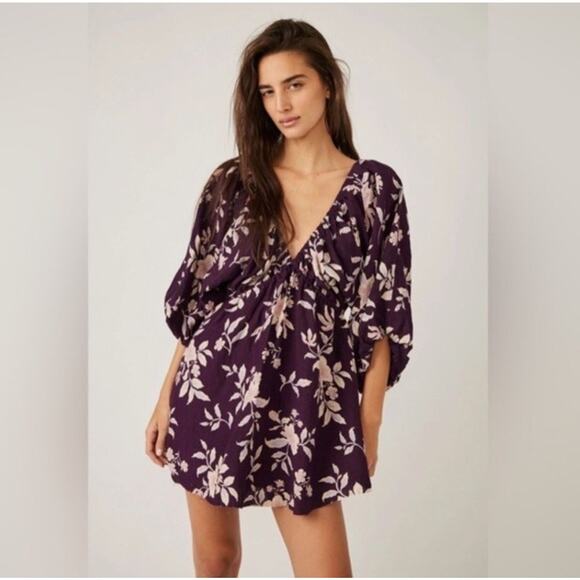Free People Portia Linen Blend Floral Mini Dress Mulberry Purple Size Medium NWT - Picture 13 of 13
